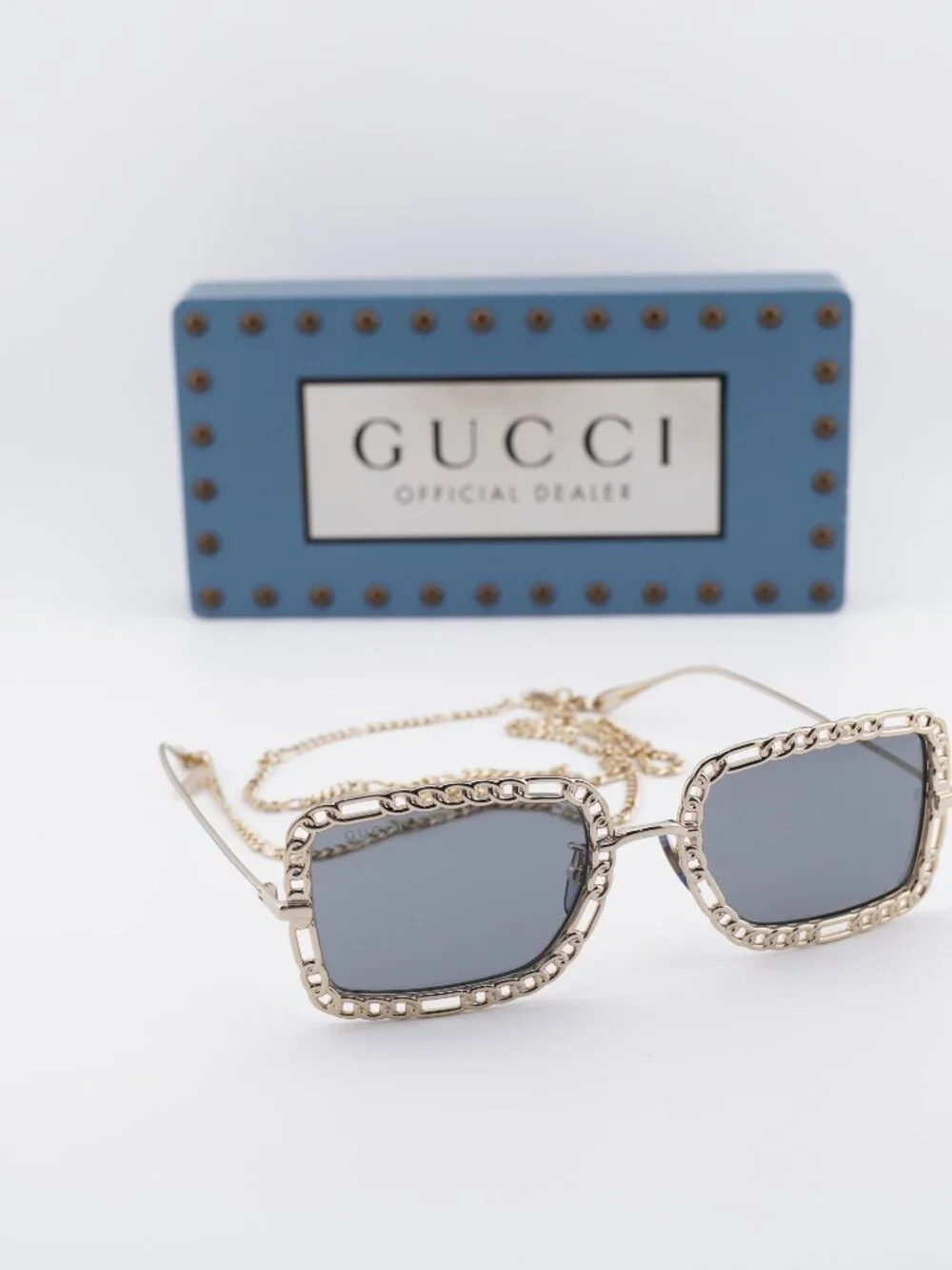 Gucci GG1112S 001 Square Sunglasses - Gold with Gold Chain/Grey